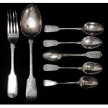 Three silver teaspoons, Exeter 1851, maker's mark for William Pope, two silver teaspoons, Exeter