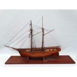 Ship model - A scratch built gaff rigged ketch, mounted on a mahogany base, overall height 61cm,