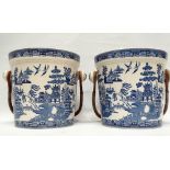 19th century blue and white ceramics - A pair of Wedgwood lidded slops pails, with wicker carrying