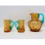 19th century lemonade set - A smoky glass and turquoise handled baluster shape jug and four