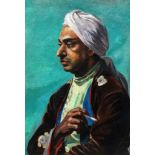 XX Portrait School Portrait of a gentleman wearing a turban and smoking a cigarette Oil on board