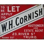 Vitreous Enamel Advertising Sign - 'To Be Let Apply To W.H. CORNISH, Auctioneer and Estate Agent