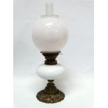 19th century Hinks & Sons Patent - A brass and milk glass oil lamp with named collar and embossed