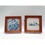 Delft - Two 19th century oak framed Deflt tiles, one depicting a fisherman, the other a figure on