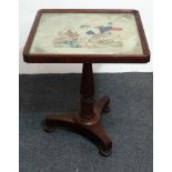 Victorian occasional table - A mahogany square top table with woolwork of a parrot amongst