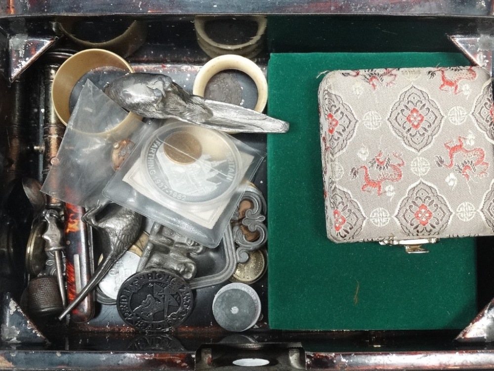 A tin containing tokens, coins, napkin rings, a lighter, penknife and other miscellaneous items. - Image 3 of 3
