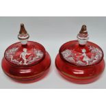 19th century Mary Gregory - A pair of cranberry glass gilt lined decoration lidded dressing table