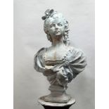 Bust on stand - A cast iron bust of a classical 18th century lady, with square socle on a reeded