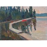 ELIZABETH LAMORNA 'MORNIE' KERR (1904-1990) Lake Scene With Boats Oil on board Framed Picture size