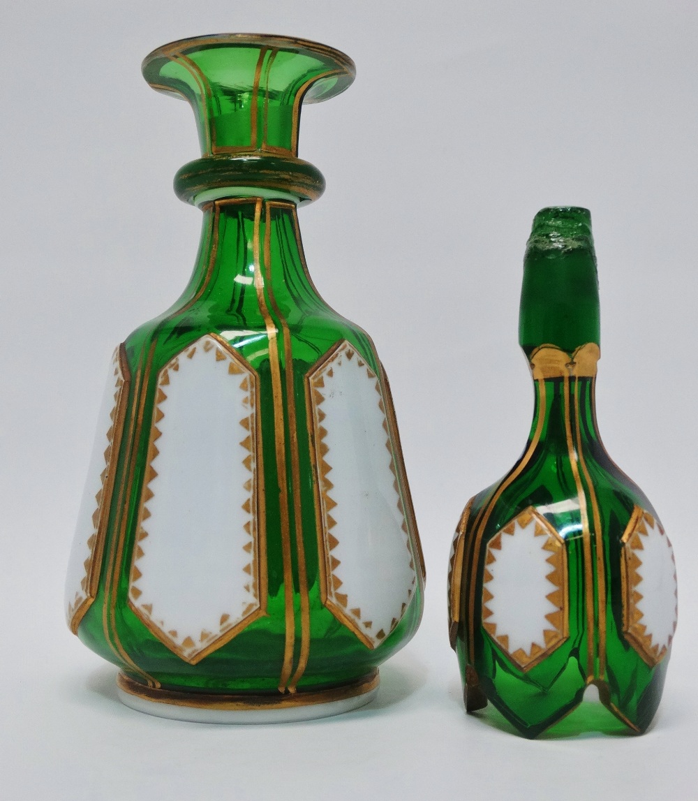 Bohemian Glass - A green glass gilt and white enamel small decanter and stopper, height 21cm. - Image 2 of 3