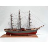 Ship model - A scale built model of a three masted sailing ship 'Pass Of Balmaha', mounted on a