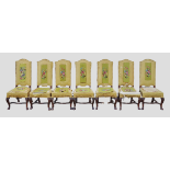 Seven Reformation Style Walnut Dining Chairs - A set of silk and tapestry upholstered high back