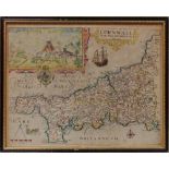 Maps of Cornwall - After Robert Morden, a hand coloured map, together with another by William Kip