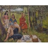 G. RUBY? (c. 1955) The Picnic, A Teatime Picnic by a Country Stream Bears Euston Gallery label