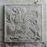 Reconstituted Stone Plaque - A squared stepped plaque relief decorated with a Welsh dragon, 44 x 43,