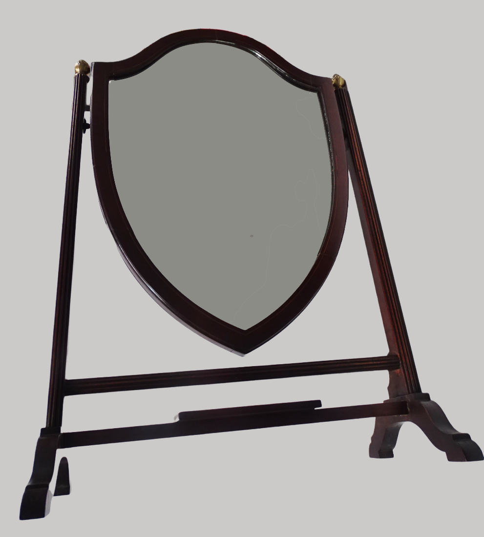 Edwardian Dressing Mirror - A mahogany and boxwood strung shield shape skeleton dressing mirror with