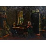 19th Century Breton School Two Young Ladies In An Interior Oil on canvas Indistinct signature Framed