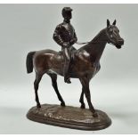 Patinated Bronze Sculpture - A 19th century racehorse and jockey on an integral bronze ovoid base,