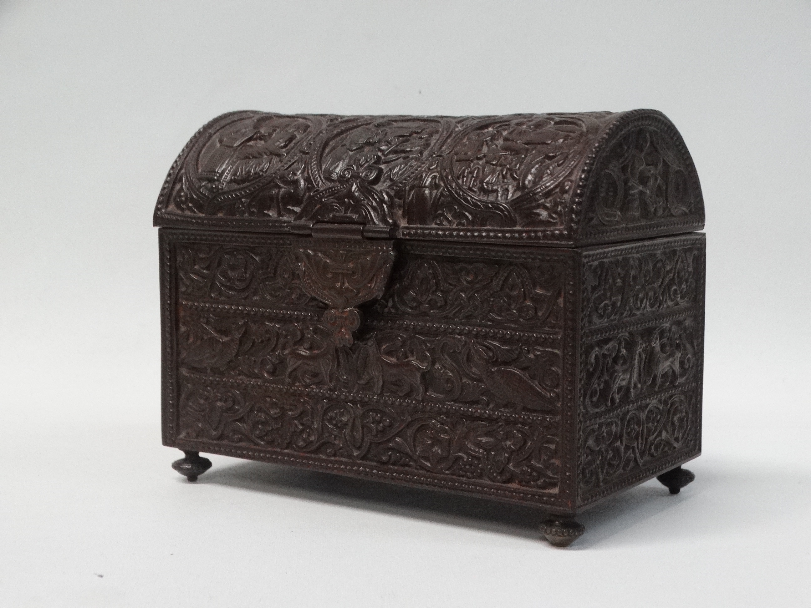 Mid 19th Century Bronze Casket - A patinated Gothic Revival bas relief bronze small casket,