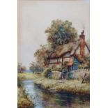 G.W. TANNER Stream By A Thatched Cottage Watercolour Signed and dated 1918 Framed Picture size 35