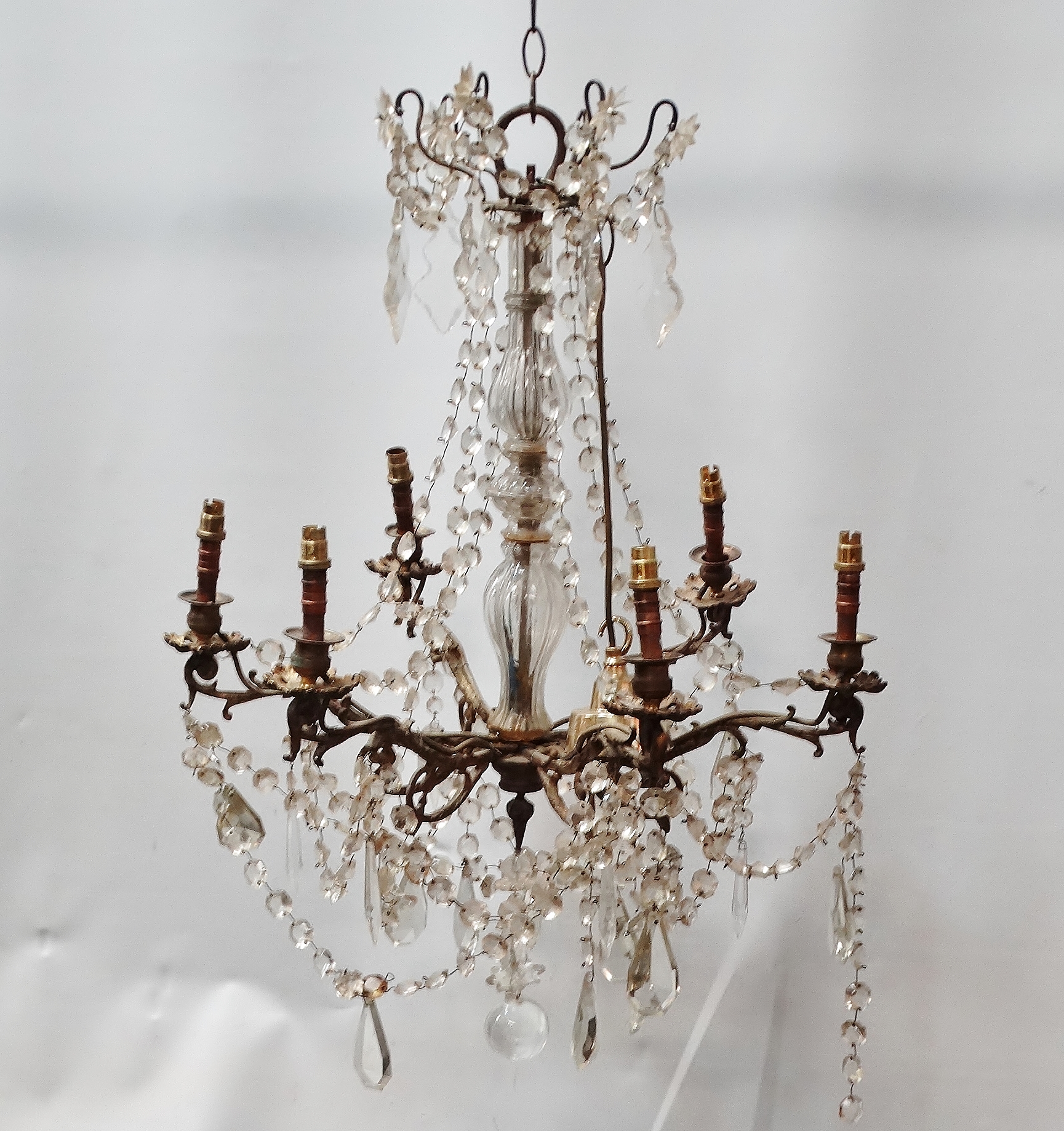 French Chandelier - An early 20th century six branch ceiling electrolier with glass droplet