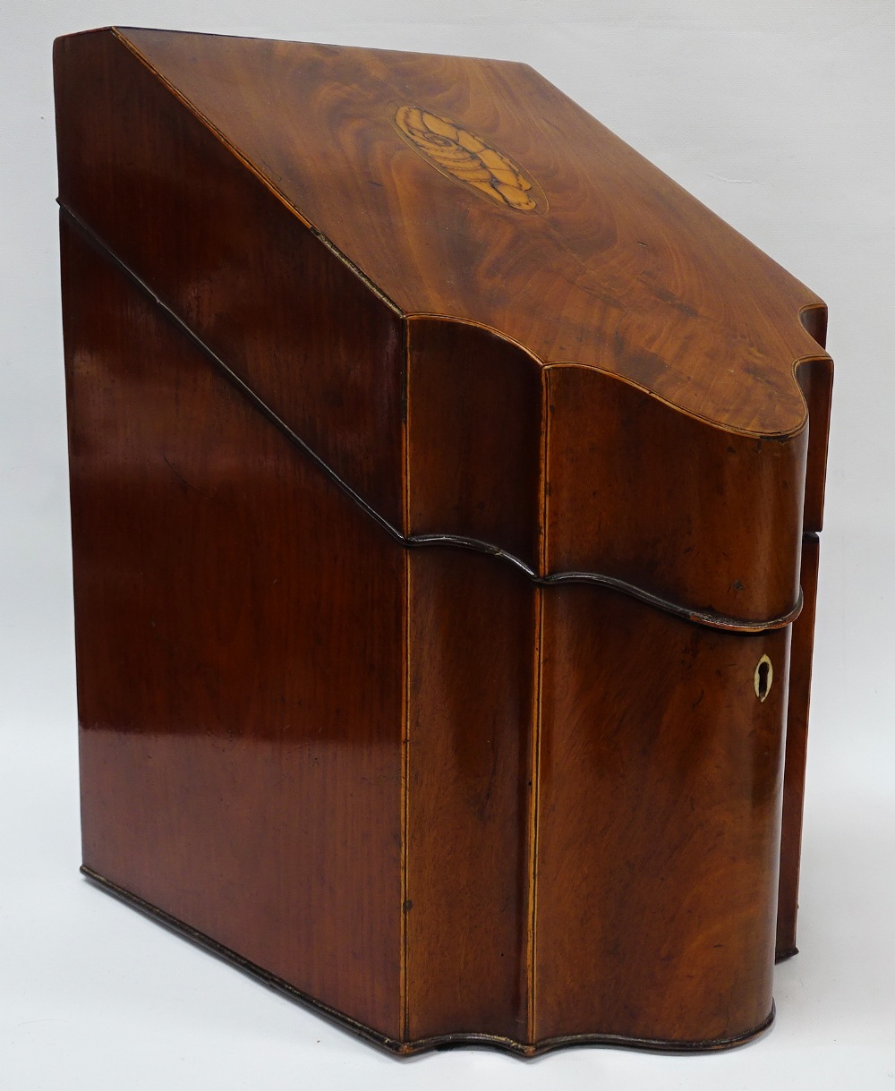 A Late 18th Century Knife Box - A Sheriton inlaid mahogany bow fronted box opening to reveal a spoon - Image 2 of 4