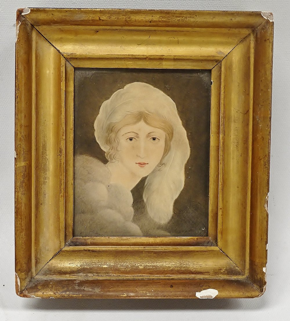 19th Century Miniature - A gilt framed watercolour on paper, a woman's head with a feather