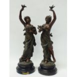 After Moreau Circa 1900 - A pair of spelter figures of ladies with doves, one holding a lyre and