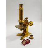 19th Century Pillischer Microscope - A brass monocular reflecting field microscope with applied