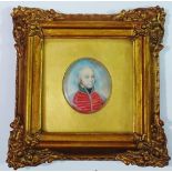 Military Miniature - A Georgian oval miniature of a soldier wearing a scarlet jacket in a