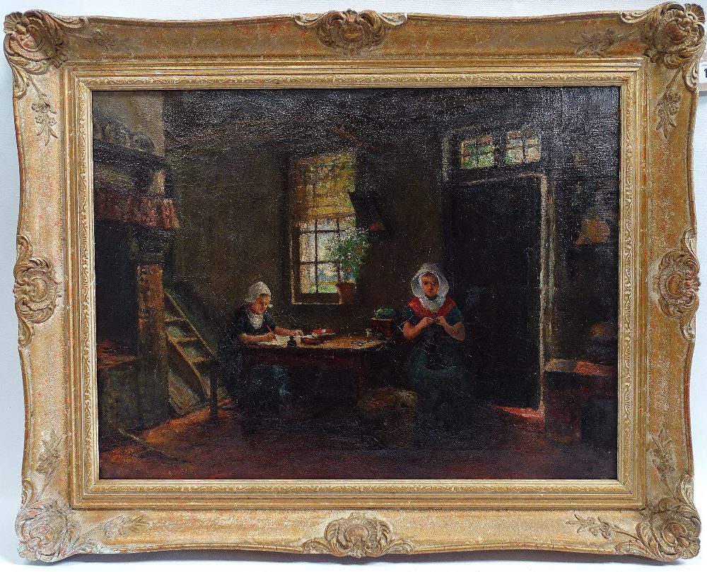 19th Century Breton School Two Young Ladies In An Interior Oil on canvas Indistinct signature Framed - Image 2 of 3