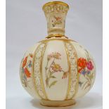 Royal Worcester - A tall, blush and gilt melon bodied vase with hand painted panels, painted and