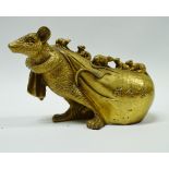 Chinese Brass Sculpture - A hollow gilt brass sculpture of a rat pulling a bag of lucky money with