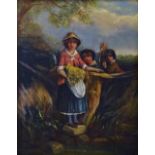 19th Century English School Crossing The Brook Oil on panel