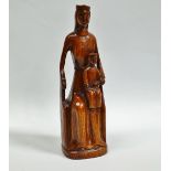 European Oak Carving - A circa 1900 carving of the Madonna and child sat on a pew, the Madonna