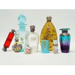 Scent Bottles - A collection to include a dark amber screw top bottle with hand painted enamel