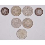 Georgian Coins etc - Two Georgius IV silver shillings 1826, five Georgius V silver Florins, one