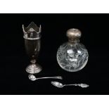 Silver - A silver topped dressing table bottle, the clear glass body with wheel cut floral