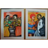 GODFREY NDABA (1947) Pair Of Tribal Figure Studies Pastel on paper Signed and dated 2000 Framed