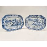 Chinese blue and white dishes - Two octagonal dishes decorated with buildings, trees and figures