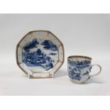 Chinese export cup and bowl - An octagonal blue and white gilt decorated cup with a river landscape,