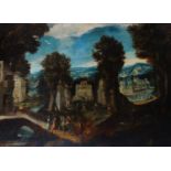 17th Century Continental Romantic School A Country Township With Figures Oil on canvas Bears label