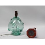 Glass lamp base etc. - A bulbous glass lamp base with roundel decoration, height 25cm, together with