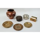 Islamic metalwares - To include three brass dishes, diameters 9cm, 10.5cm and 11.5cm, a copper vase,