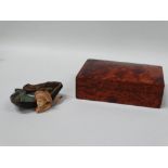 Burr walnut box and meerschaum pipe bowl - A burr walnut box, height 5.5cm, width 18cm, together