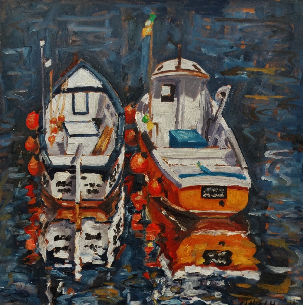 CHRISSE MICKLETHWAITE (1964) Two Fishing Boats Oil on board Signed Picture size 50.5 x 50.5cm