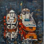 CHRISSE MICKLETHWAITE (1964) Two Fishing Boats Oil on board Signed Picture size 50.5 x 50.5cm
