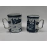 Chinese tankards - Two blue and white tankards decorated with river landscapes, largest height 14cm.