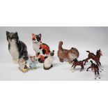 Beswick etc - Two Beswick cats, height 12cm and 13cm, three Beswick foals, largest height 13cm,