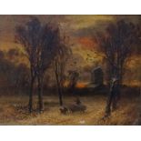 19th Century English School Driving Sheep At Sunset Oil on canvas Framed Picture size 20 x 24.8cm
